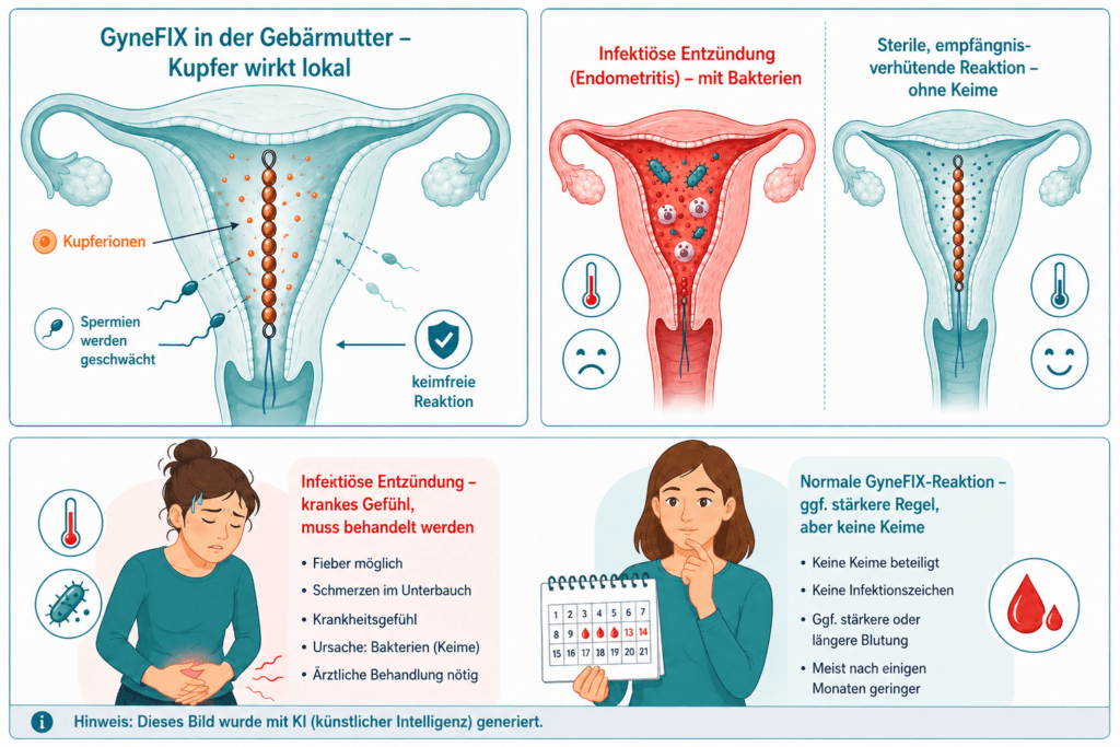 Grafik zeigt lokale Wirkung der Kupferionen auf Spermien, Unterschied zwischen infektiöser Entzündung mit Bakterien und normaler, steriler GyneFIX‑Reaktion