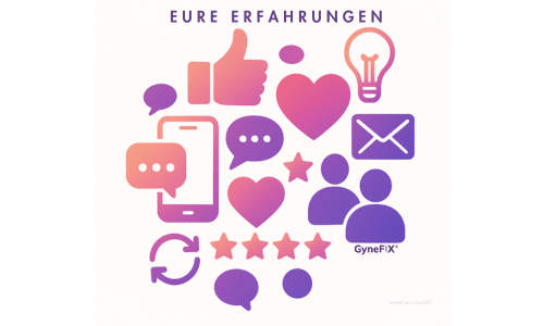 Symbole für Erfahrungen mit GyneFIX: Herz, Daumen hoch, Chat, Sterne, Nutzer, Nachricht und Glühbirne