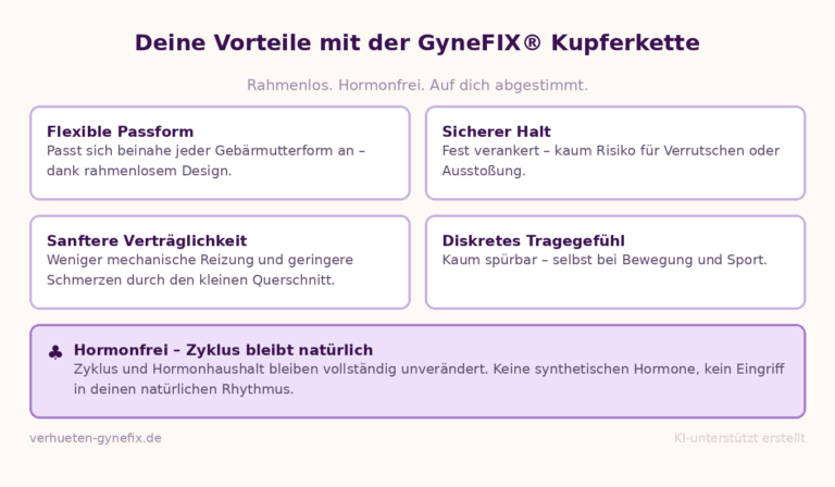 Infografik: GyneFIX Kupferkette Vorteile – hormonfrei, rahmenlos, sicherer Halt